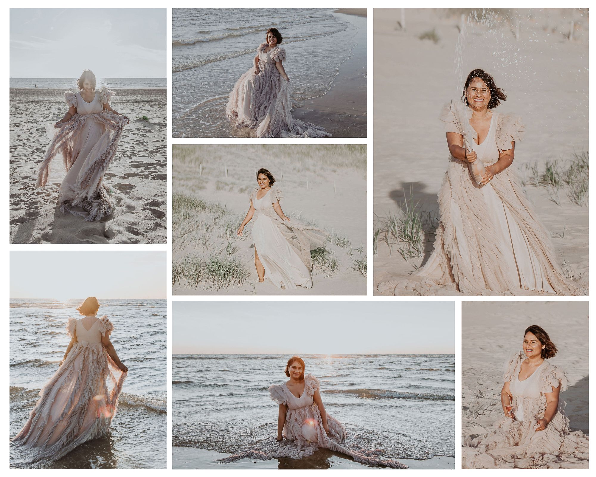 Collage of a woman in a flowing white gown posing gracefully on a sandy beach with ocean waves.