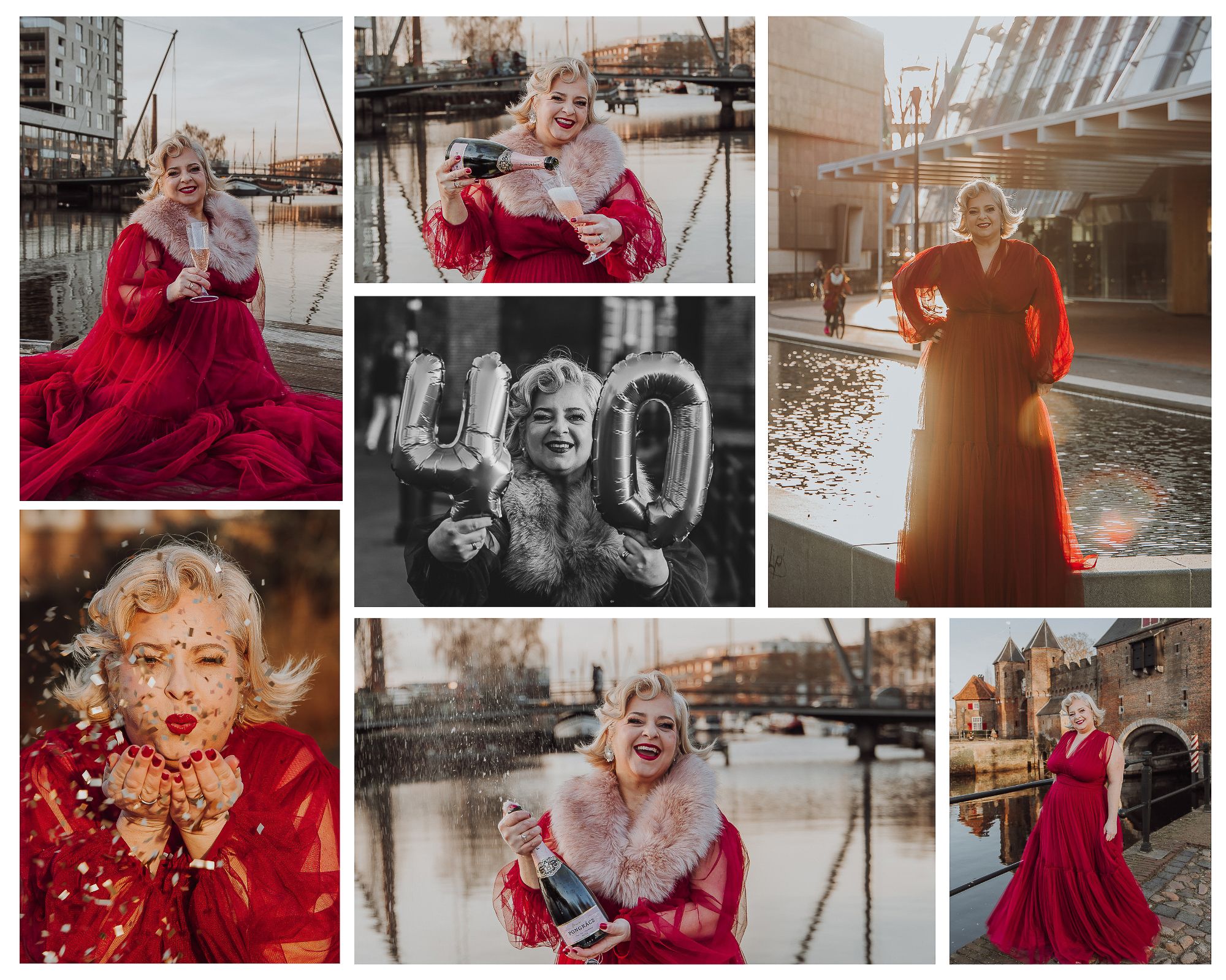 Woman in a red elegant dress celebrating her 40th birthday with a personal story photoshoot in Amersfoort.