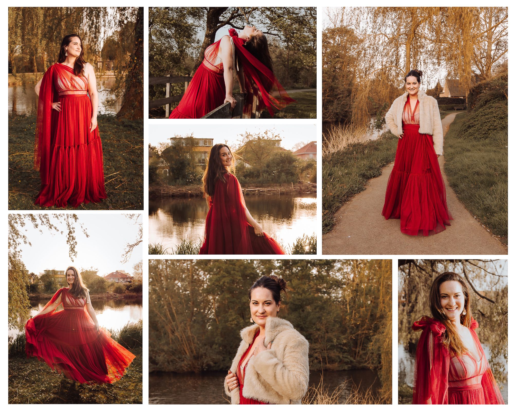 Woman in a red dress during a sunset personal story photoshoot in Woerden, celebrating herself with relaxed portraits.