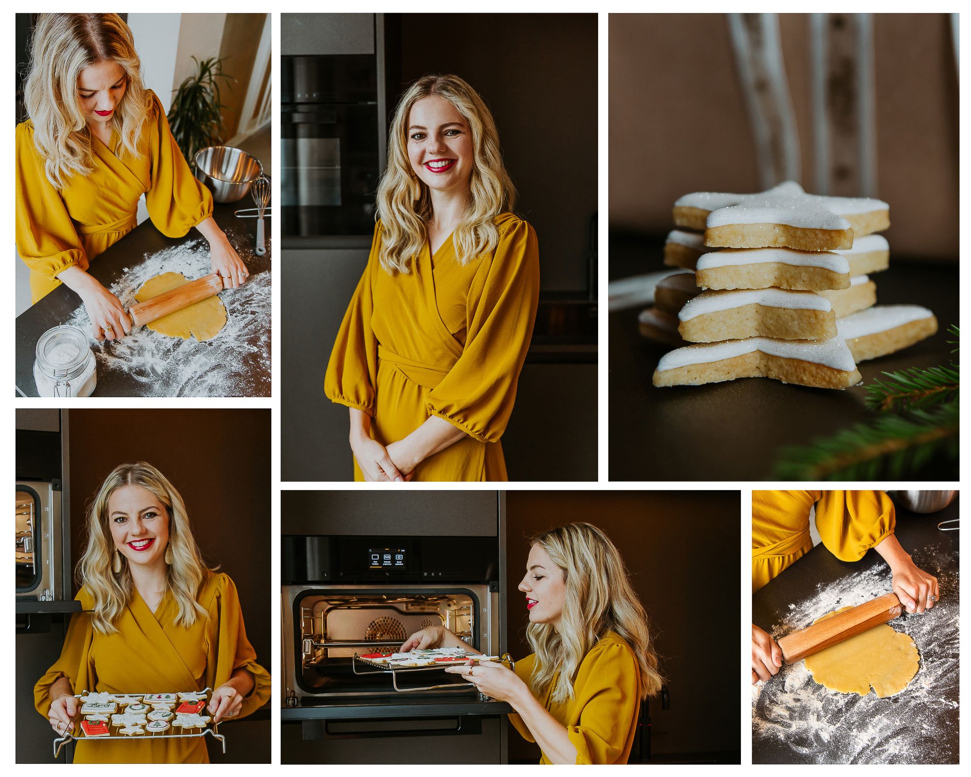 Woman in yellow dress baking cookies, smiling while placing tray in oven, with star-shaped iced cookies on display.