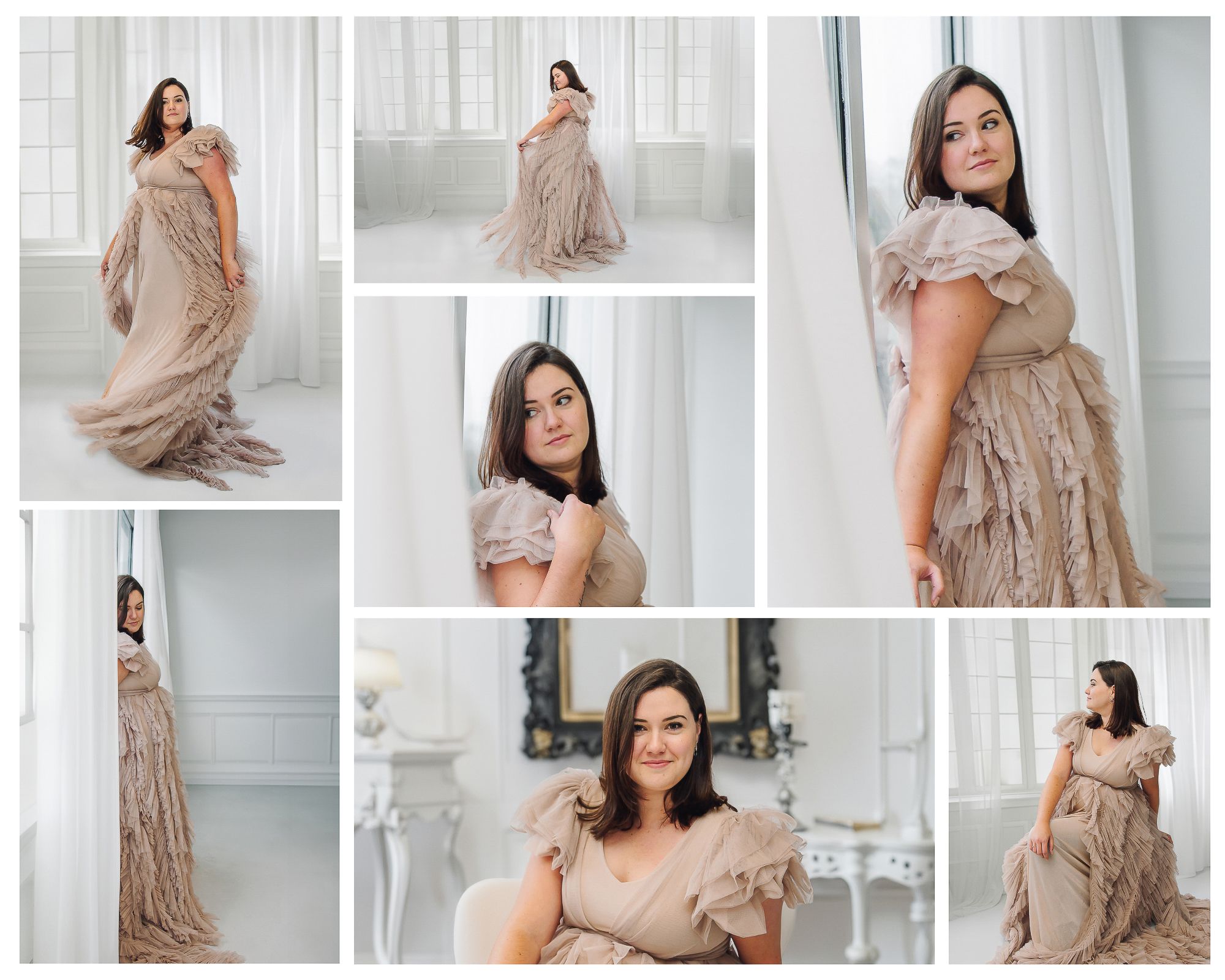 Woman in an elegant dress during a personal story photoshoot with bright natural indoor light in Utrecht