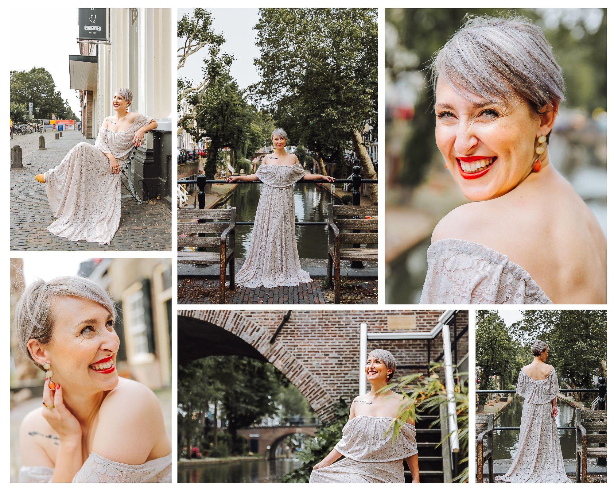 Woman in an elegant dress during a personal story photoshoot beside a canal in Utrecht city