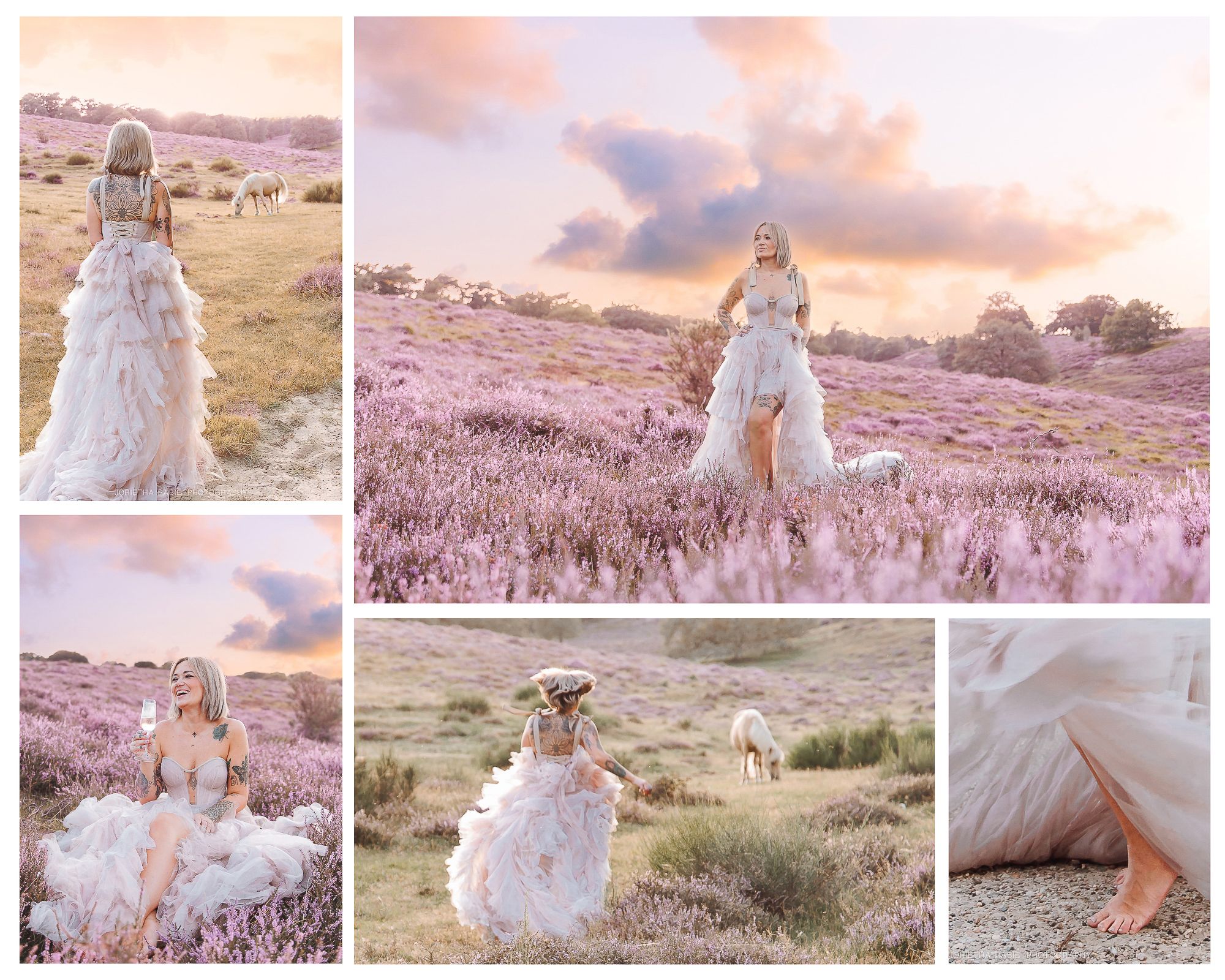 Woman in an elegant dress raising a champagne glass among purple flowers fields during a personal story photoshoot in the Veluwe.