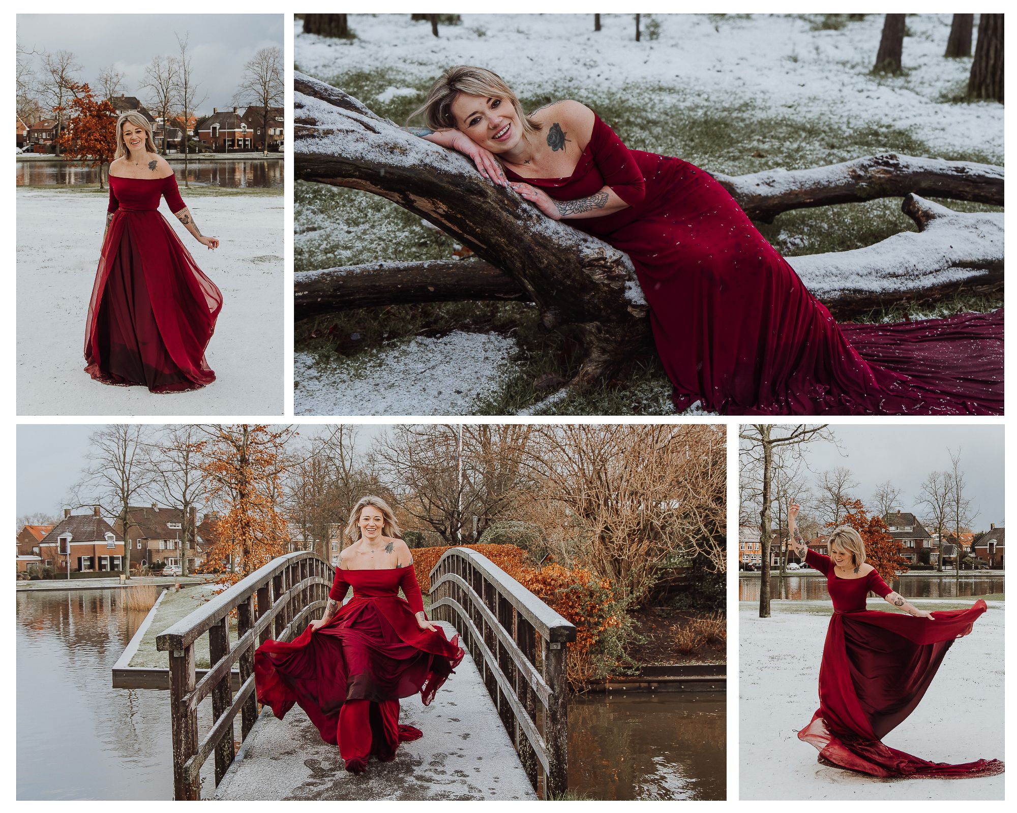 Woman in a beautiful red dress during a winter personal story photoshoot in the snow in Woerden.