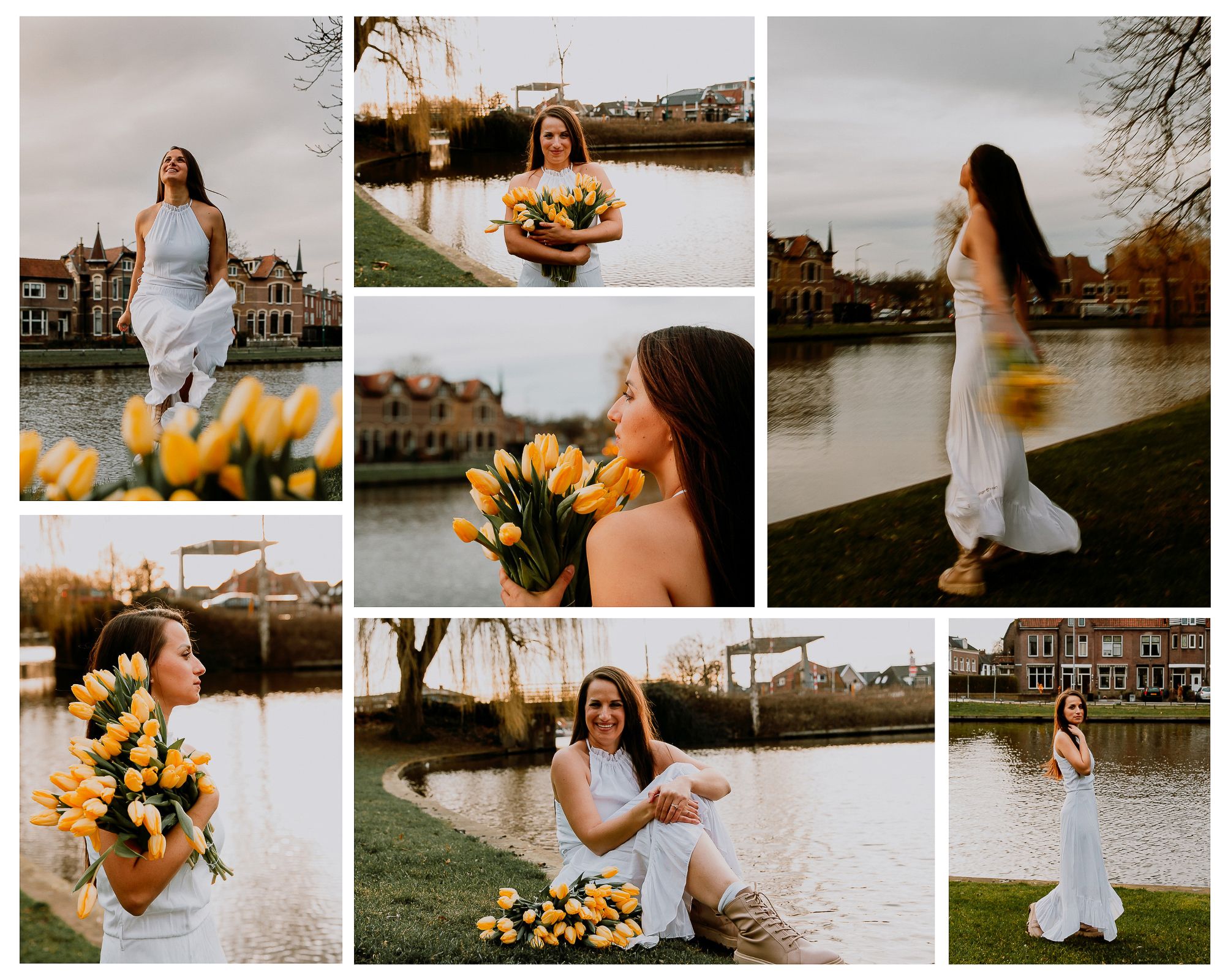 Woman taking portraits on a cloudy day among yellow tulips during a personal story photoshoot in the Netherlands.