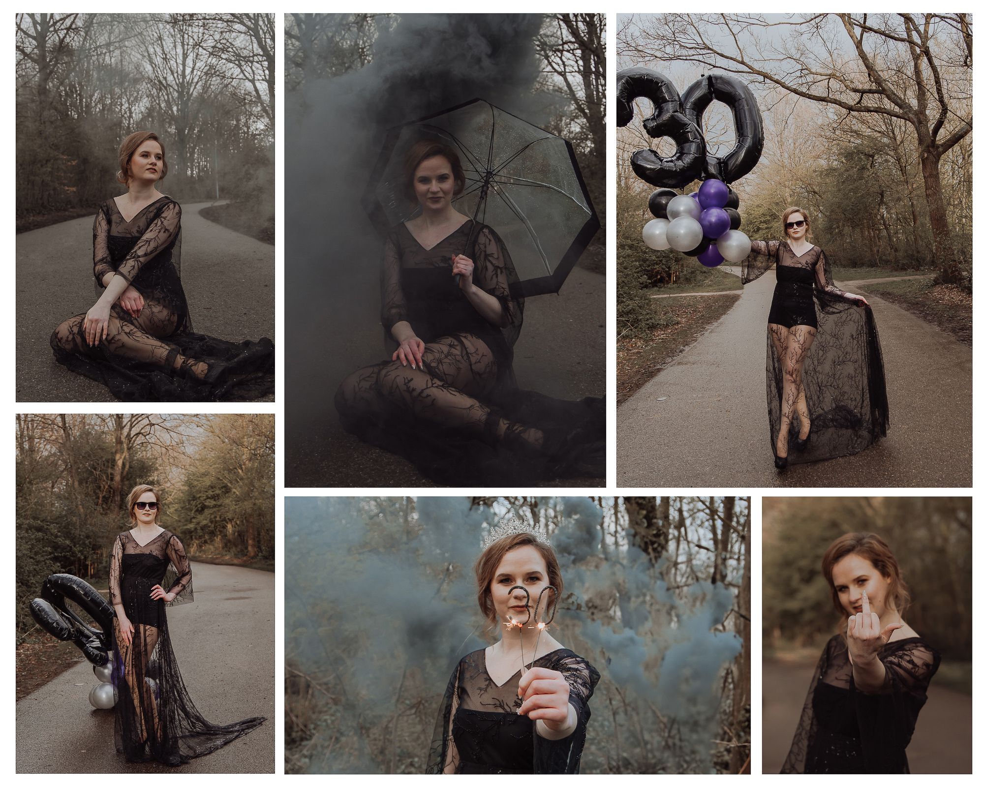 Woman in a black dress during a 'RIP to my 20s' funeral-themed 30th birthday photoshoot in the Netherlands.