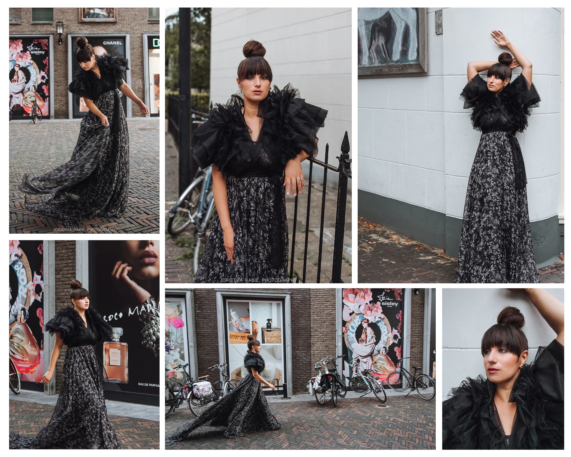 Woman in a black dress during a fashion and Vogue-inspired personal story photoshoot in the streets of Woerden.