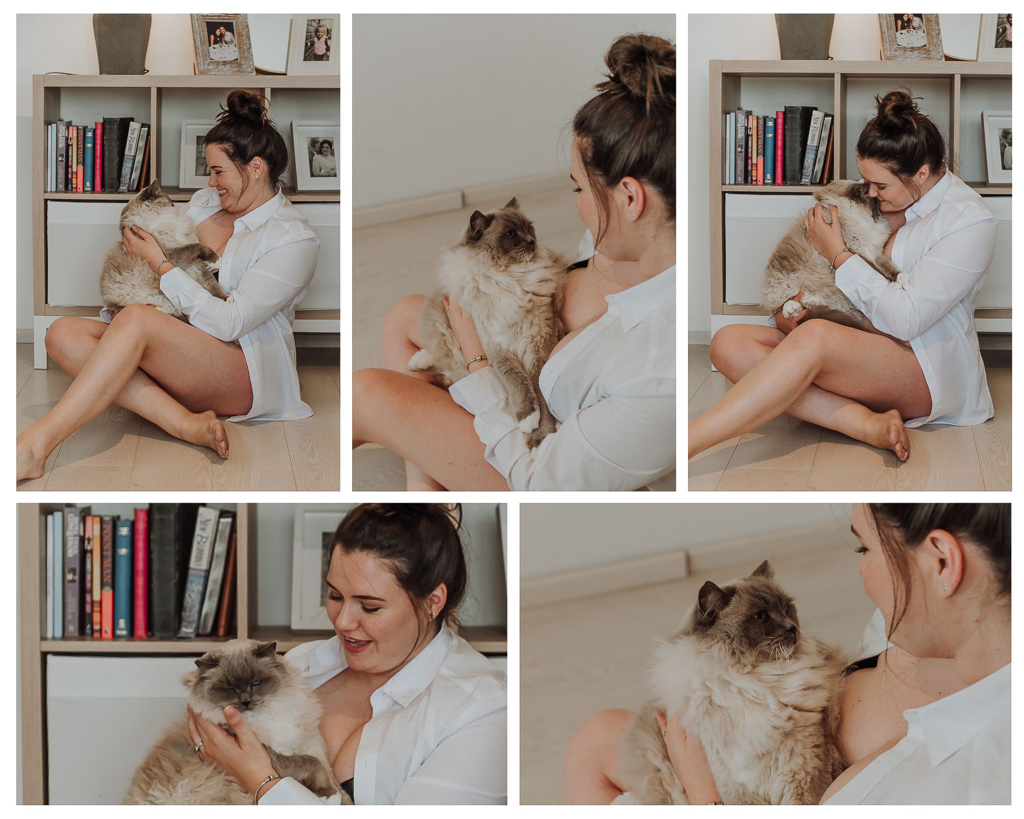 Woman with her cat at home during a personal story photoshoot, including cosy portraits and baking cookies together.