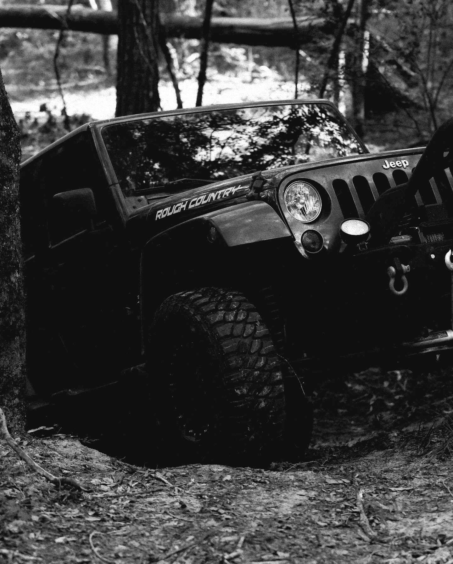 Black offroad vehicle navigating through dark forest terrain.