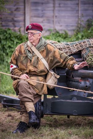 Photo of man dressed in army uniform at a VE Day event in Redditch