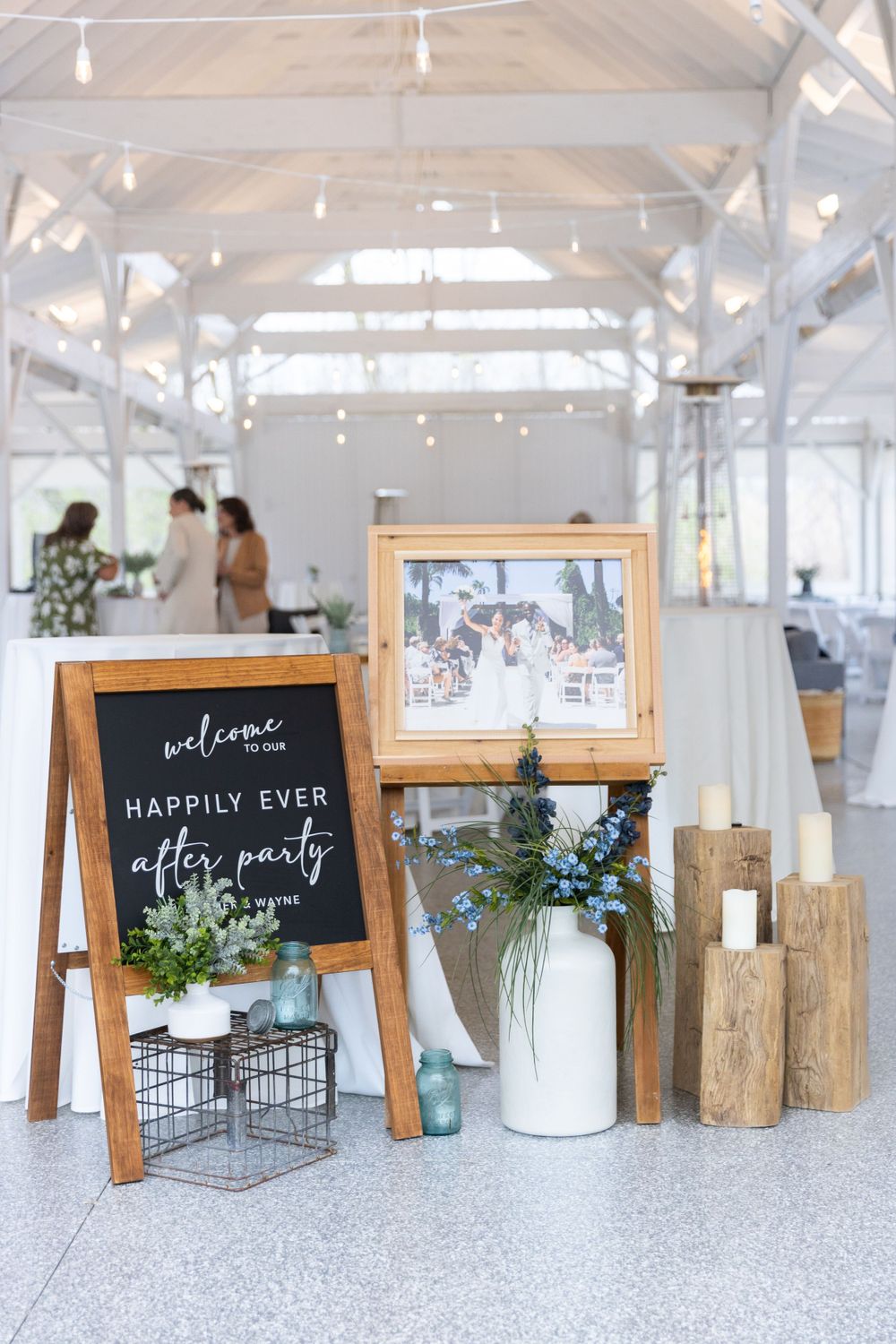 Wedding reception decor with chalkboard signs reading welcome and happily ever after.