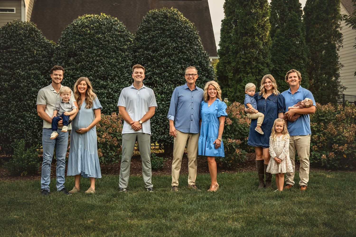 A collection of coordinated outdoor family portrait photos showing groups in casual attire against greenery and natural backdrops.