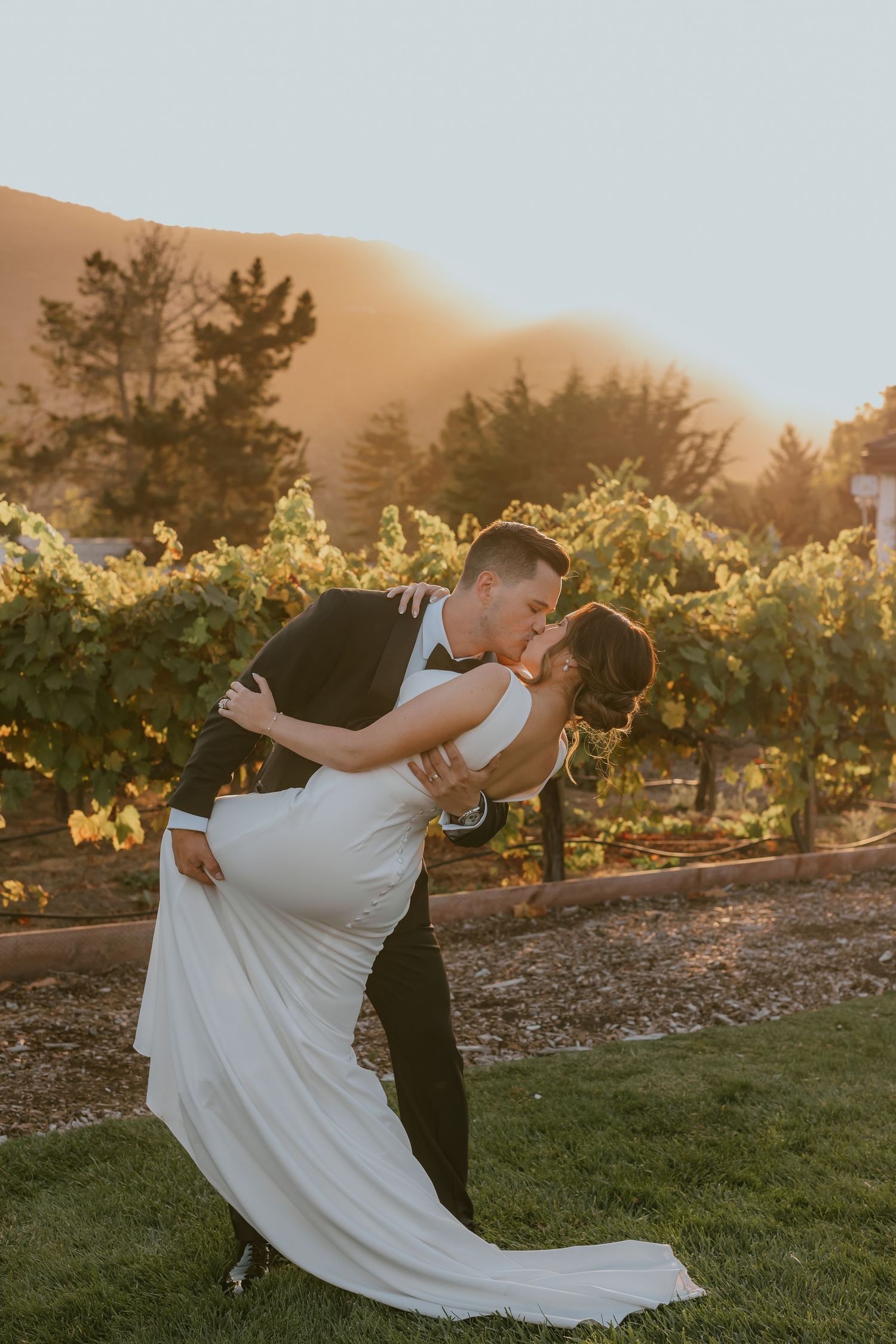 Romantic dip kiss at sunset in vineyard with mountains in background.