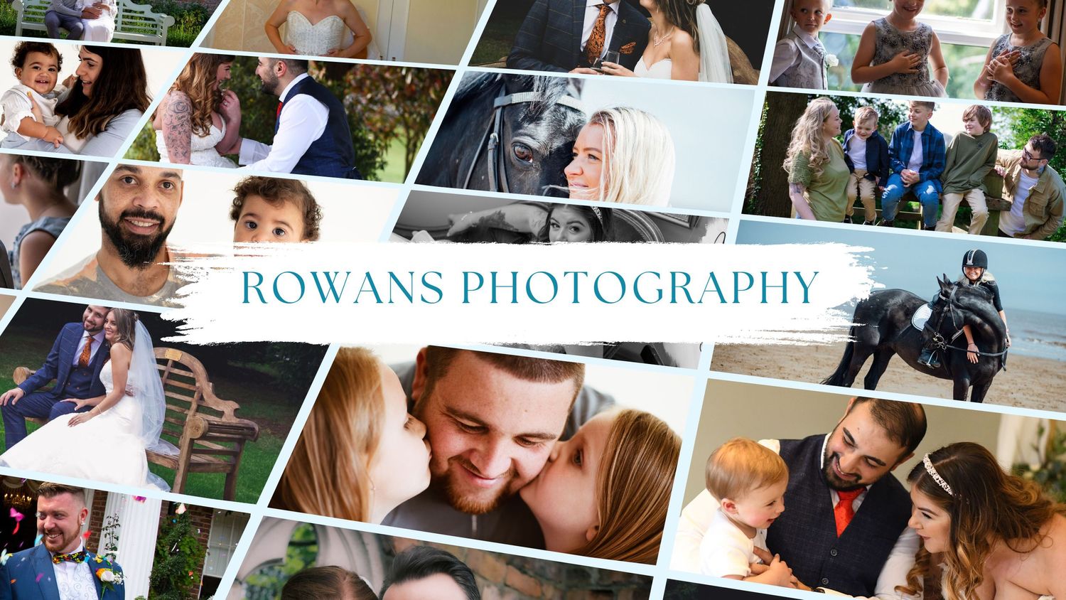 A collage of professional photography work featuring wedding and equestrian photos with text overlay.