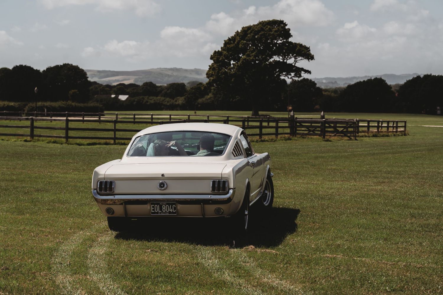 A classic Ford Mustang parked in a green field with wooden fencing and trees in the background.