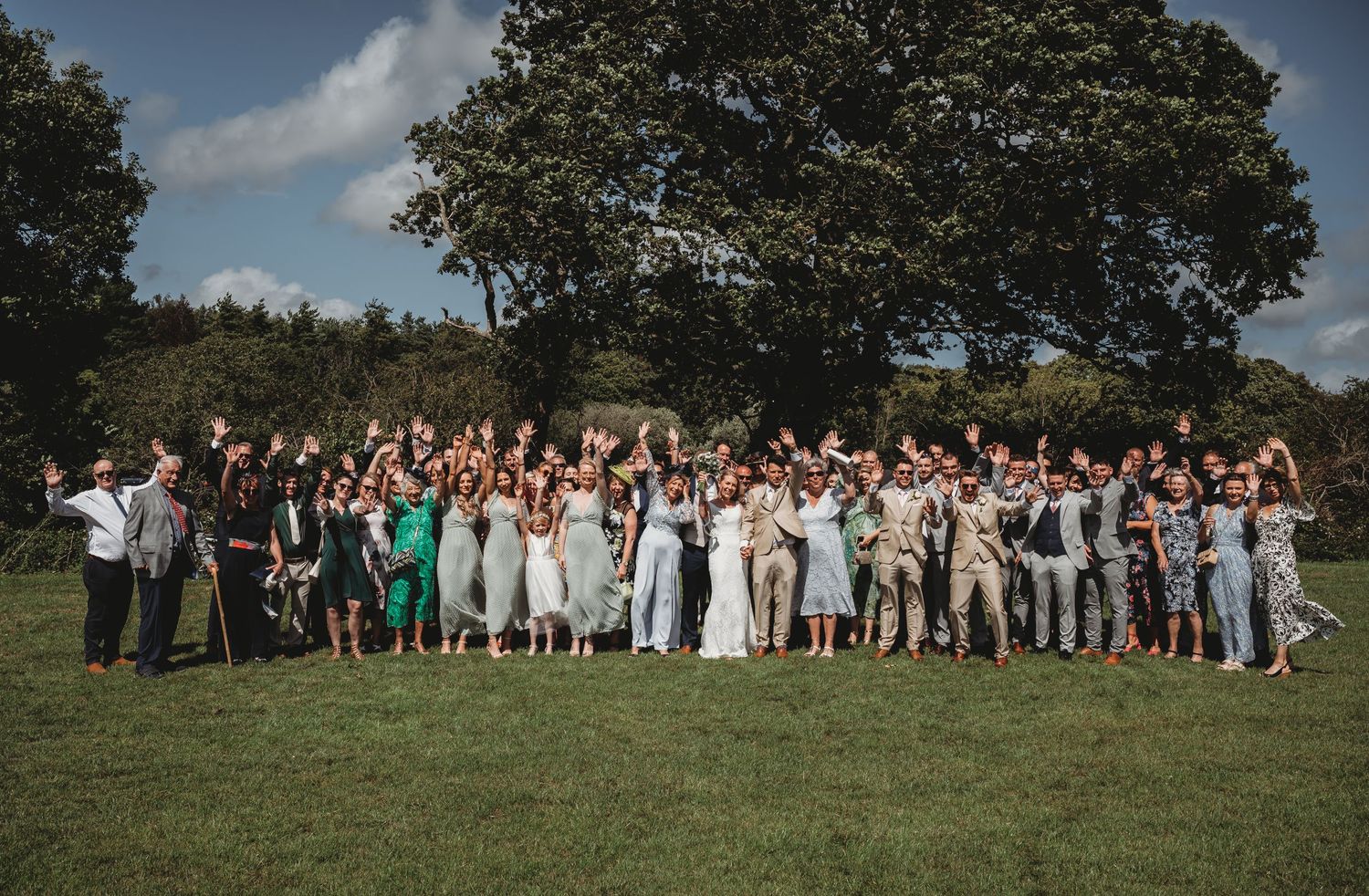A large group of wedding guests stand together for a panoramic photo on a grassy hill under blue skies and trees.