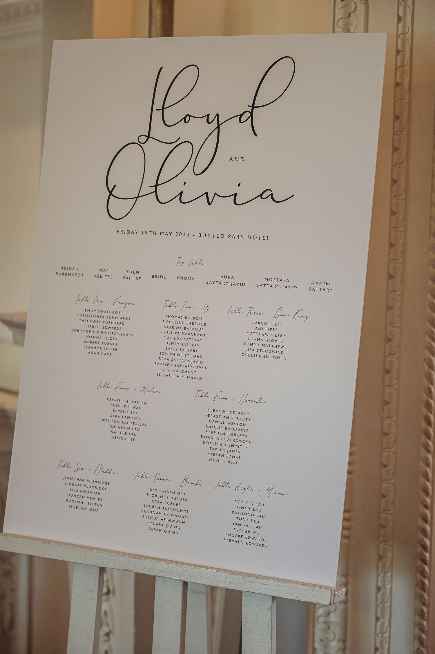 An elegant wedding seating chart with cursive names displayed on a white board against a light colored wall.