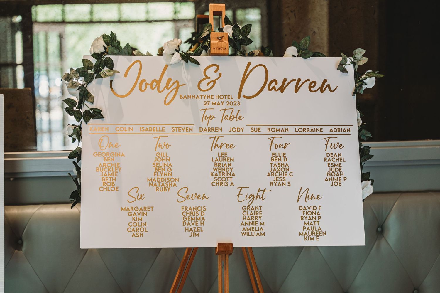 Elegant white seating chart display on an easel with golden text showing wedding table assignments and floral decorations.