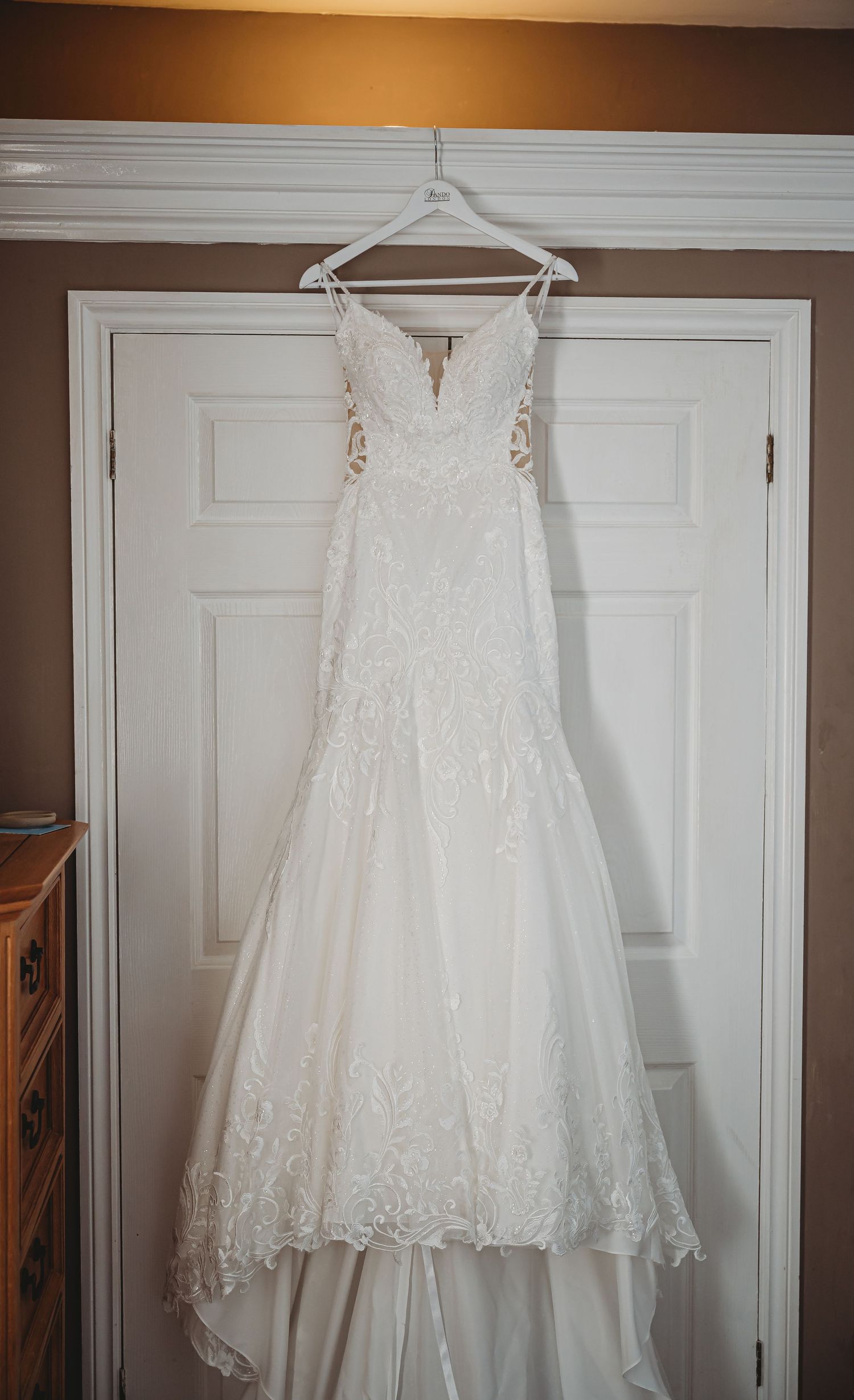 A beautiful white lace wedding dress with plunging neckline and fitted mermaid silhouette hangs on display against a white door.