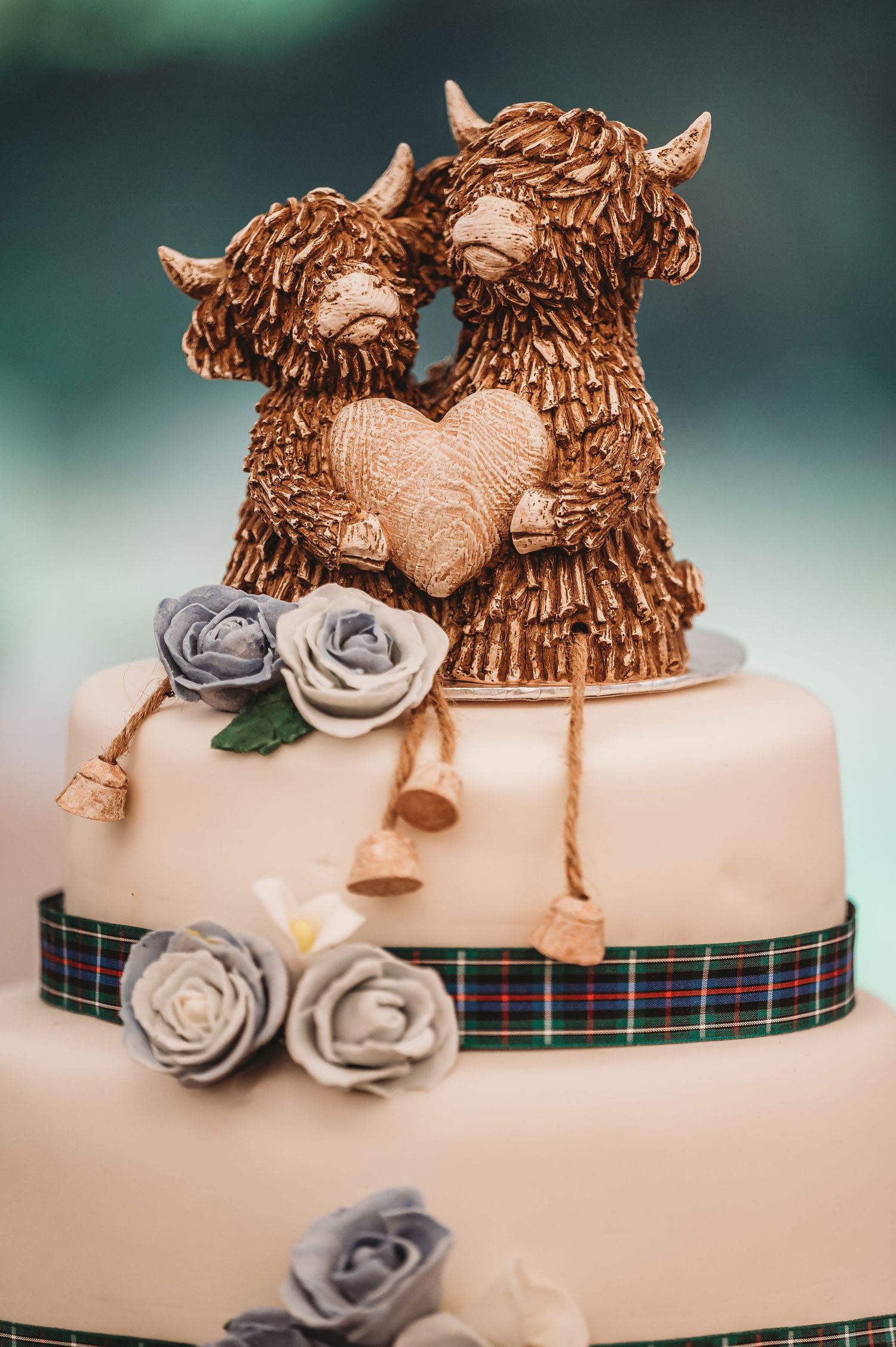 A rustic wedding cake decorated with Highland cow cake toppers, plaid ribbon, and silver rose accents.