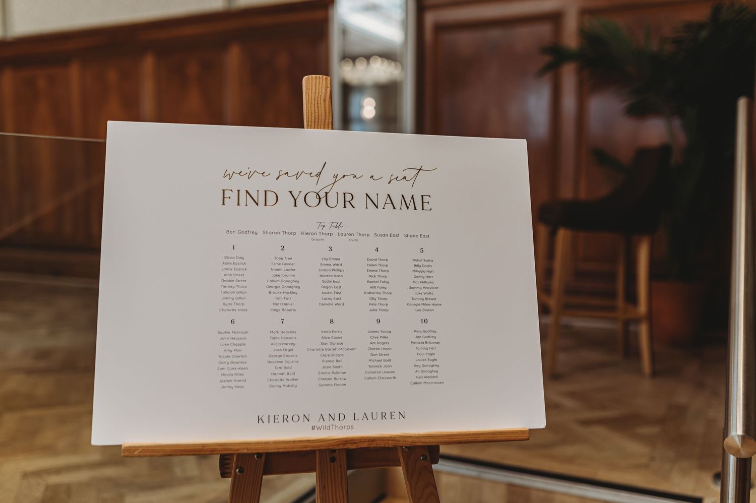 A wedding reception seating chart sign displayed on a wooden easel.