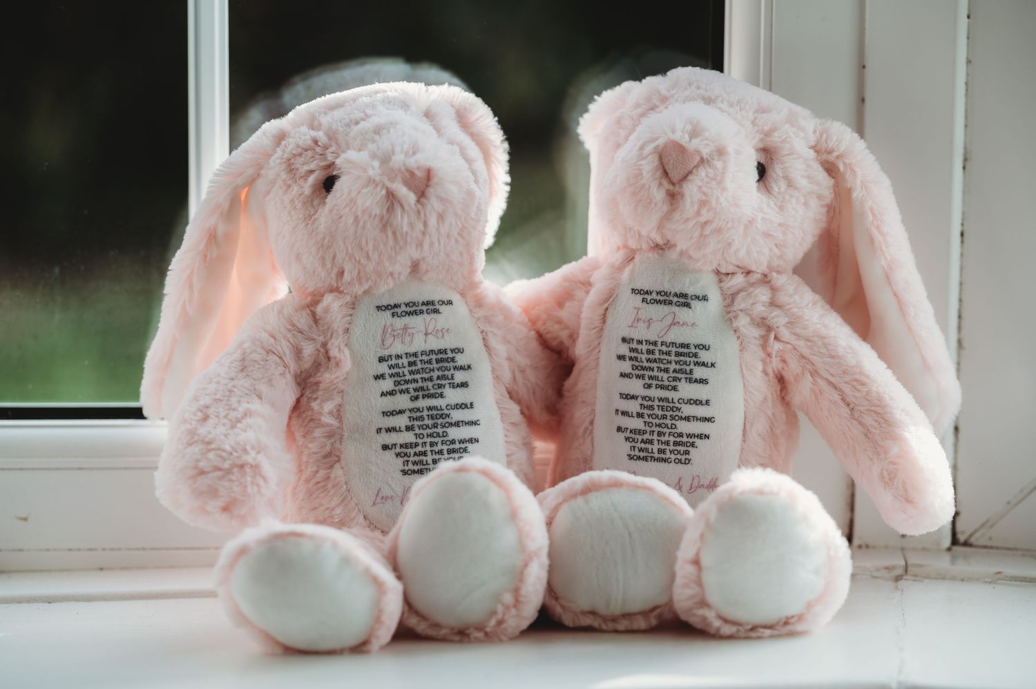 Two pink plush bunny rabbits with white feet sitting together on a windowsill.