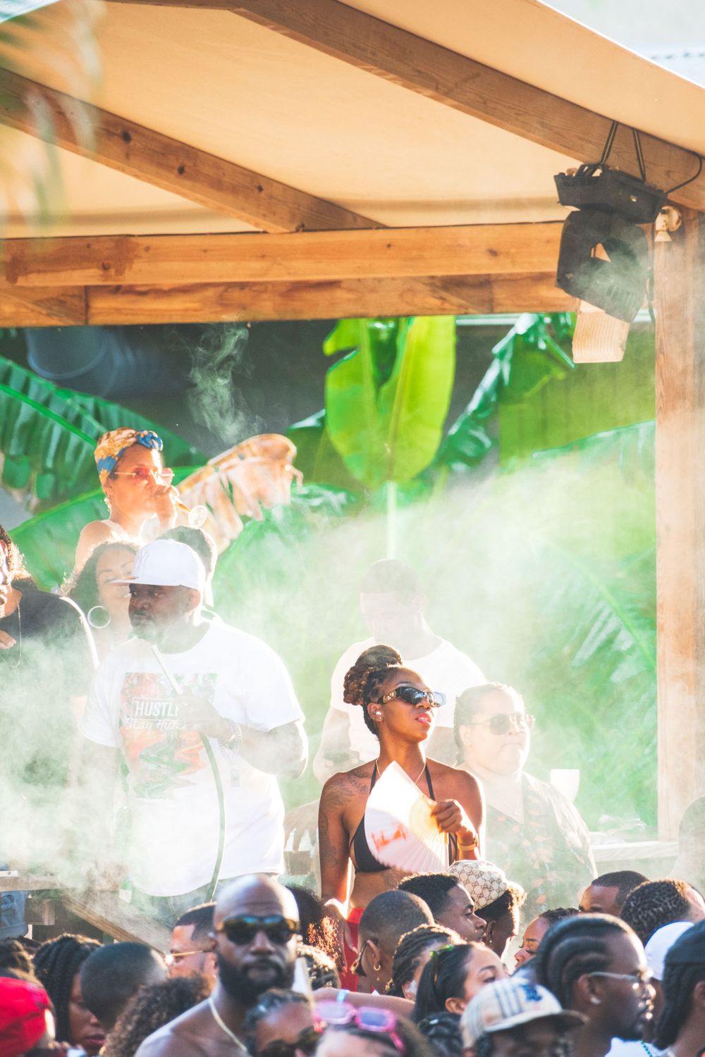 A crowded outdoor party scene with smoke effects and tropical foliage in the background.
