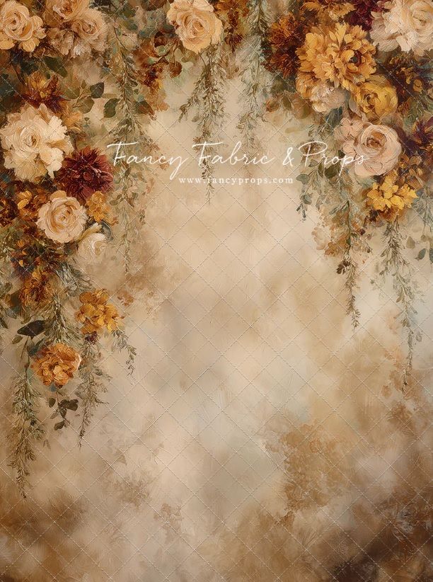 Vintage floral backdrop with autumn-toned roses and greenery framing a soft brown textured background.