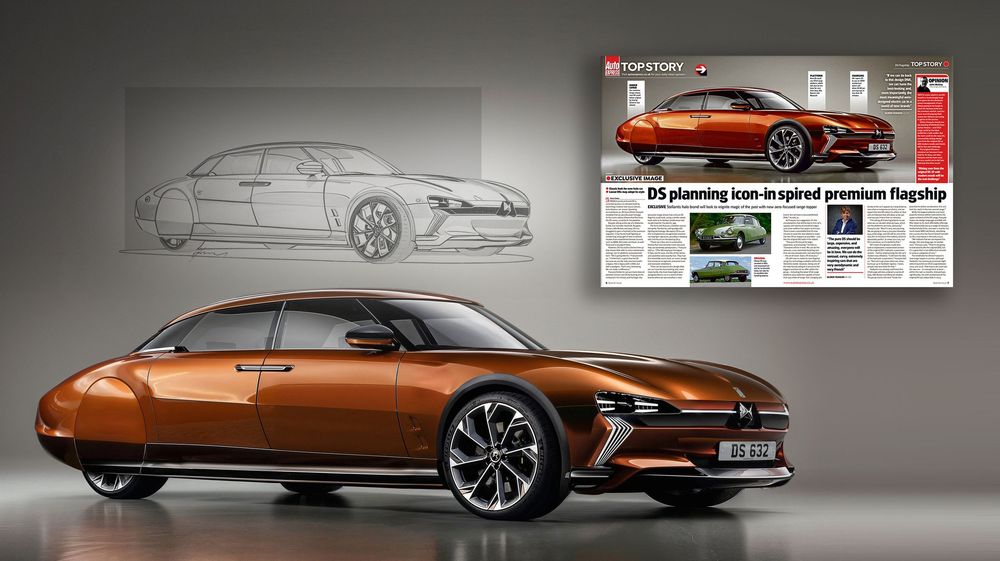 A sleek copper-colored concept car with aerodynamic design shown alongside its initial sketch and digital render.