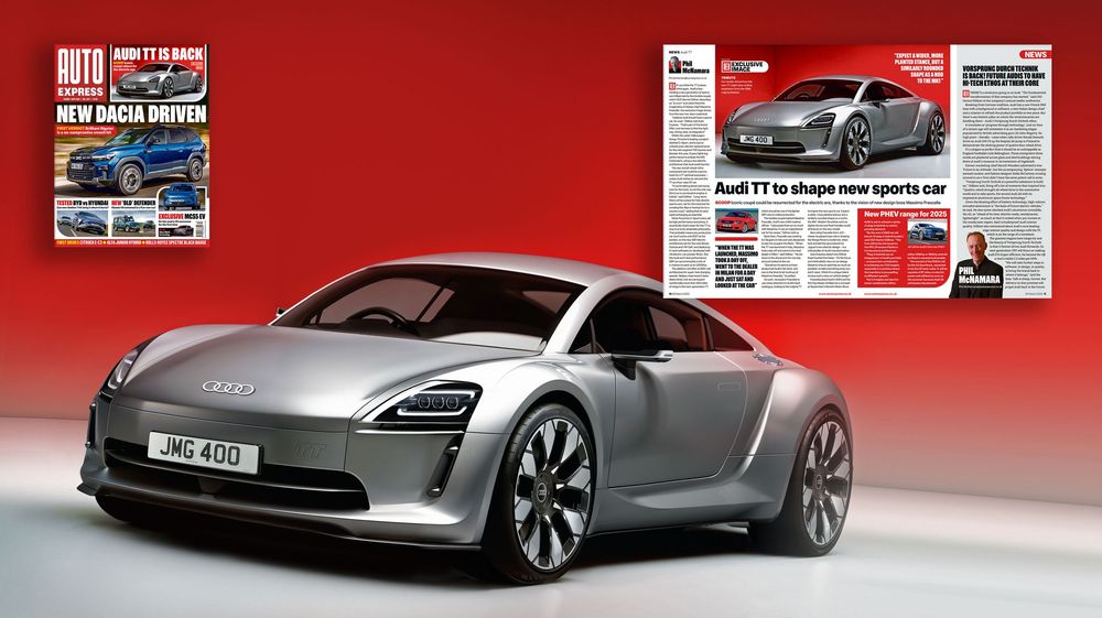 Sleek silver Porsche concept car rendered against a red background with magazine layout mockup.