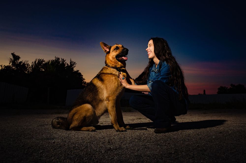 A person and brown dog share a moment together outdoors at sunset against a darkening sky.