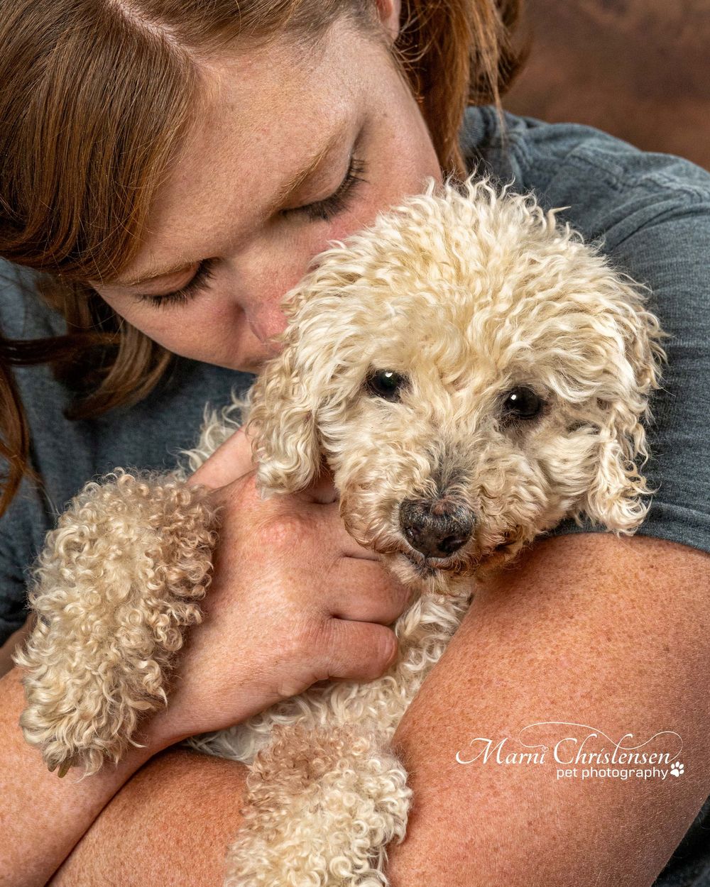 A close-up portrait of a curly-haired white dog being embraced and kissed.