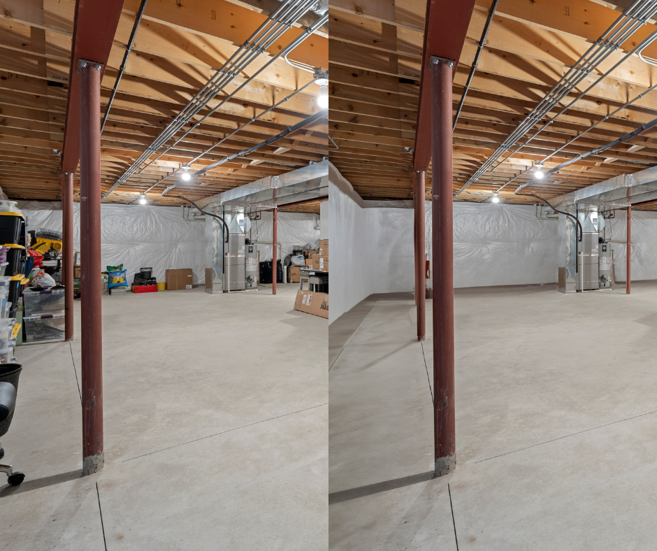 Unfinished basement interior with exposed wooden beams, concrete floor, and metal support columns.