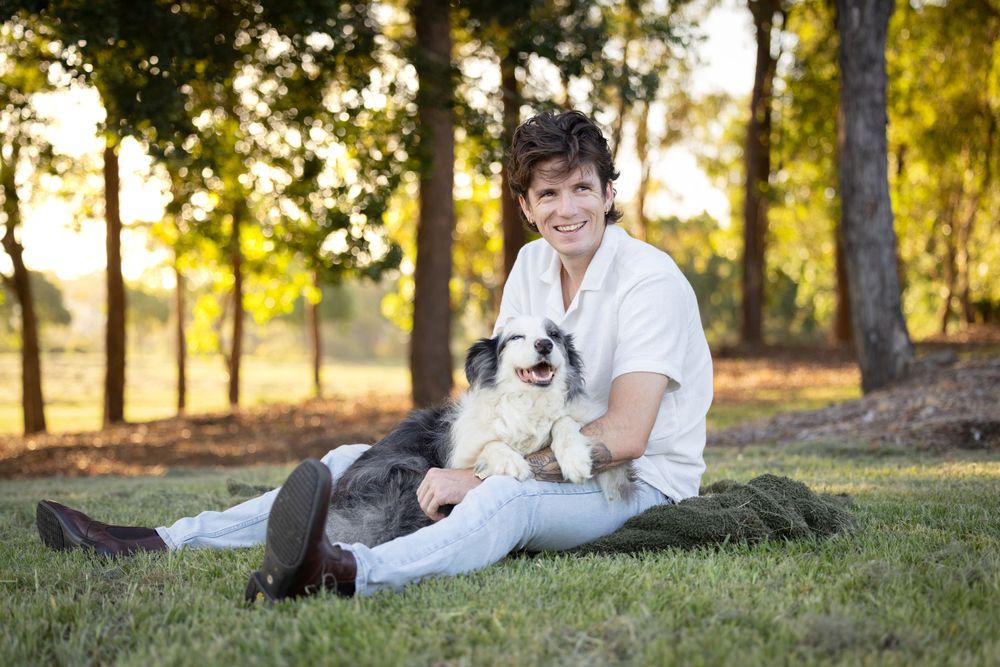 Blue merle boreder collie sitting in lap of male owner smiling in front of a forest at golden hour