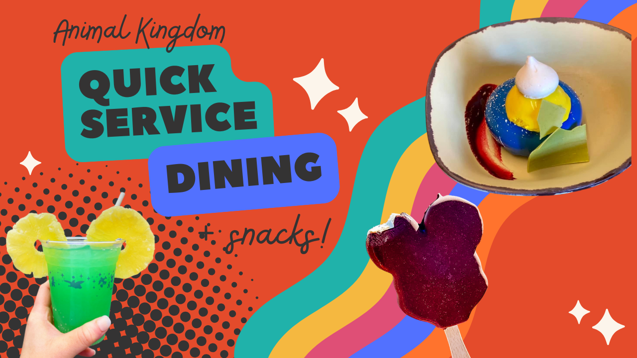 Colorful retro-style restaurant banner design with quick service dining text and snacks silhouettes against rainbow background.