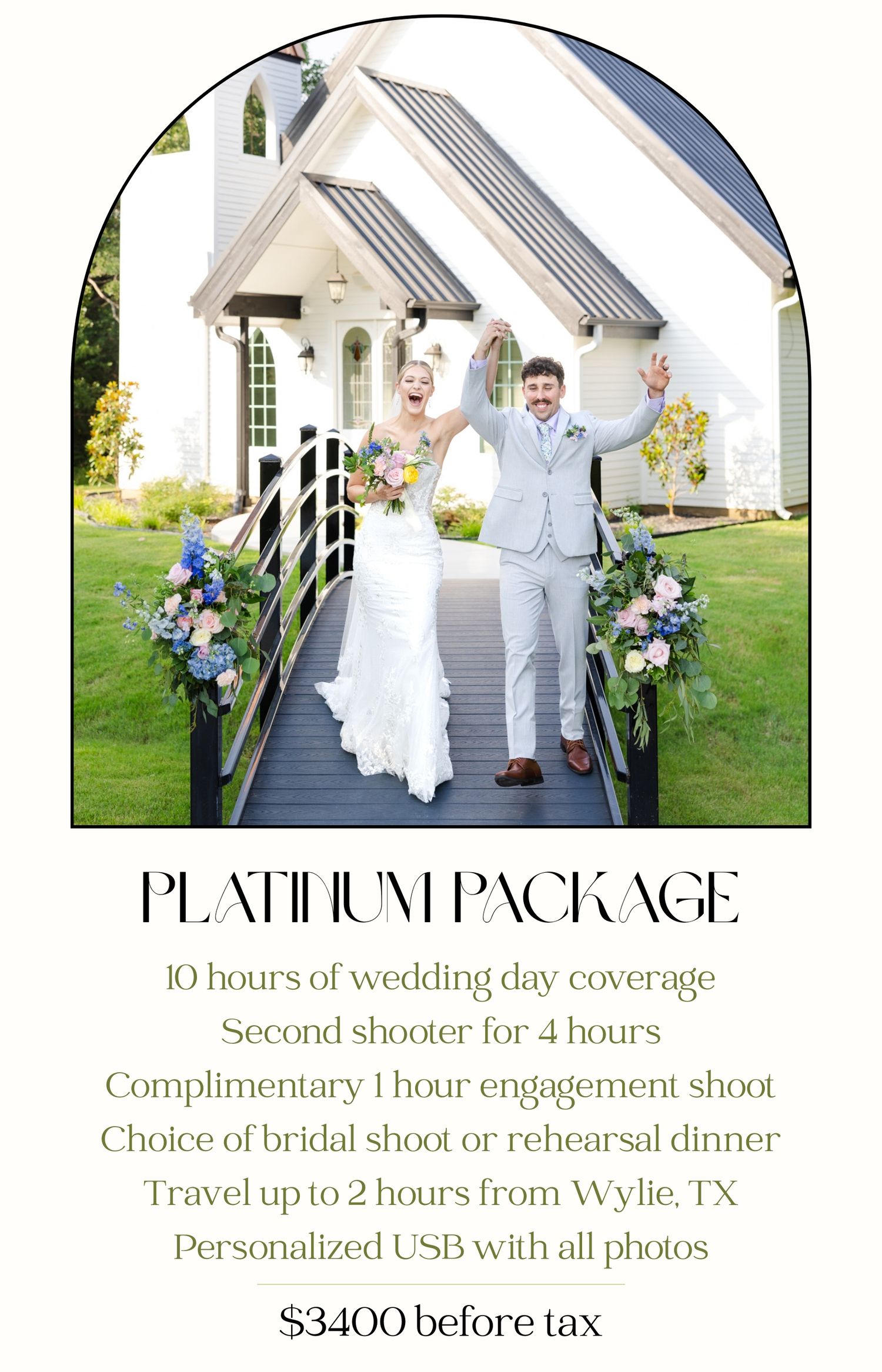 Platinum package includes 10 hours of coverage, engagement shoot, choice of 1 hour shoot, second shooter for 4 hours, and personalized USB.