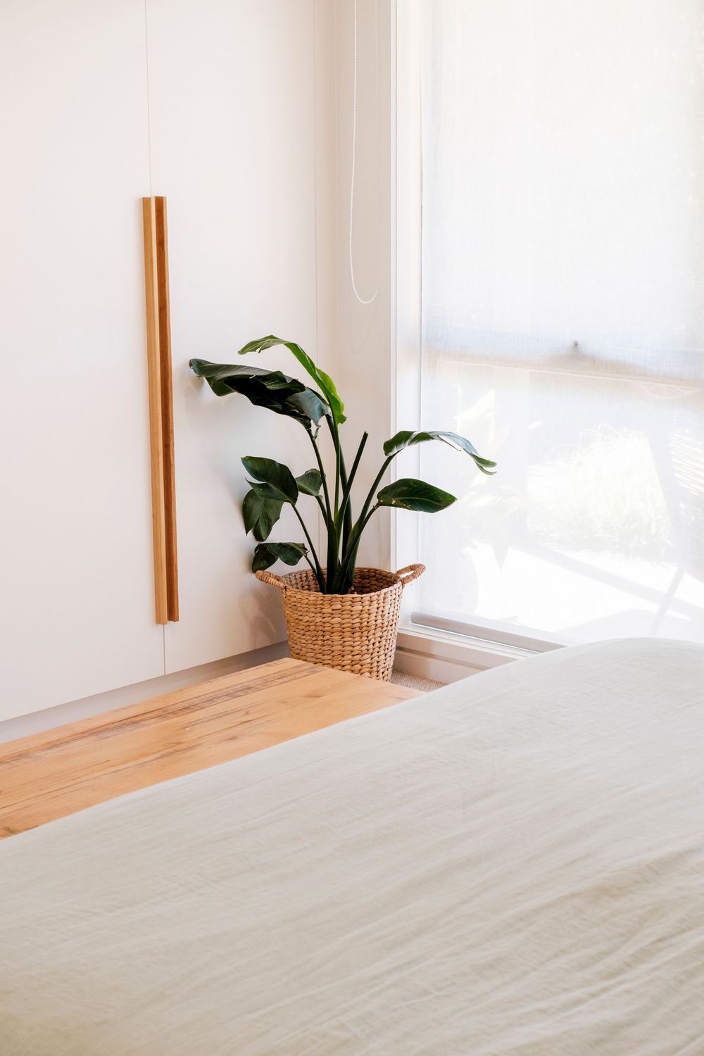 Minimalist white bedroom with wooden accents and potted plant in woven basket by window.