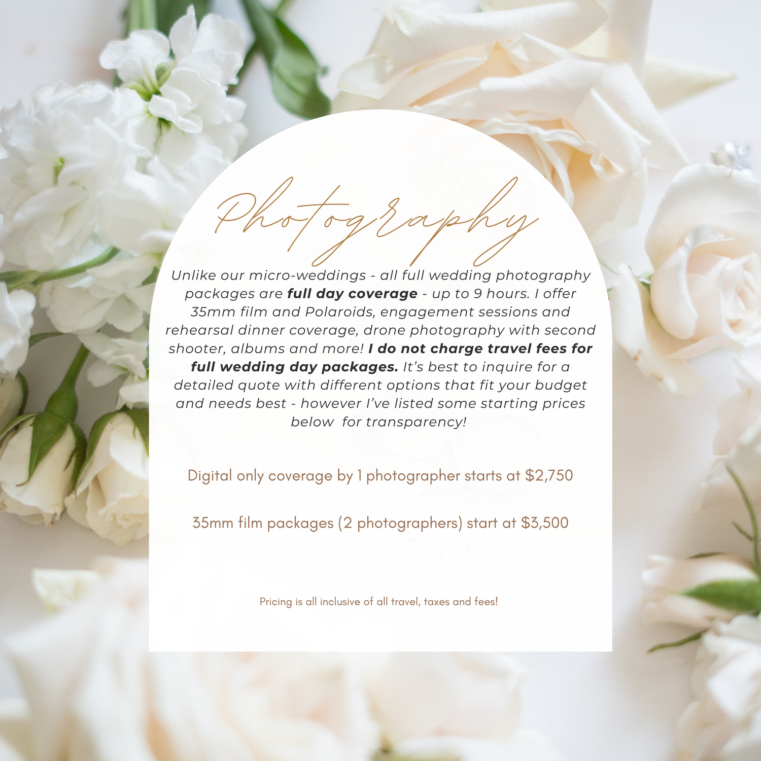 2025 wedding photography pricing guide showing packages for microwedding services with floral and sunset beach photos.