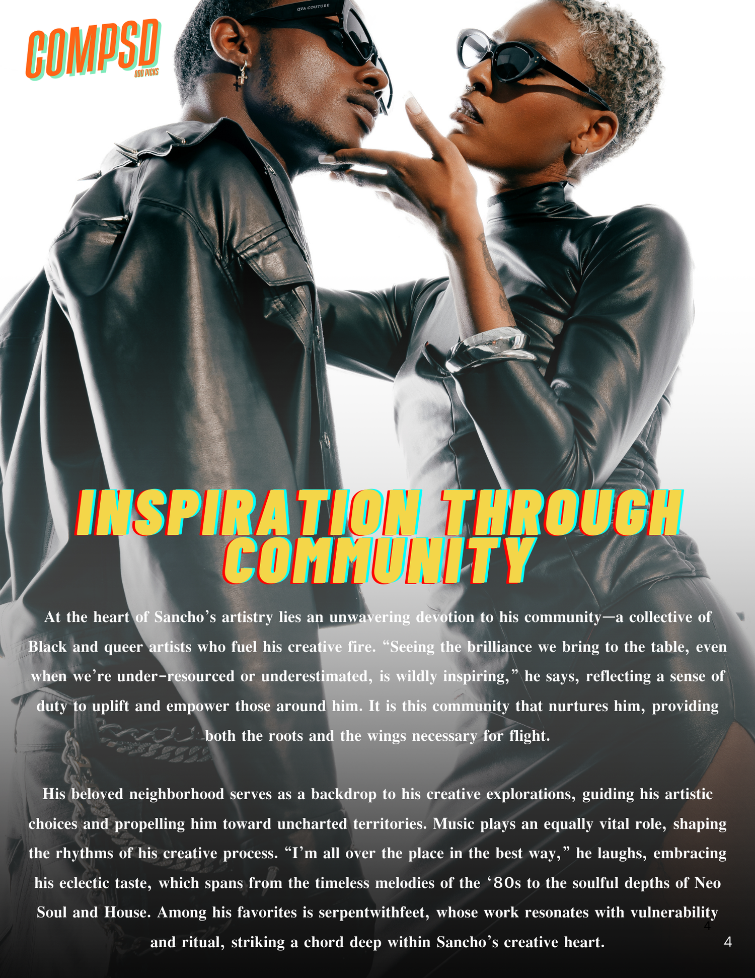 Two people in black leather outfits and sunglasses pose together for an editorial photo with text about inspiration and community.