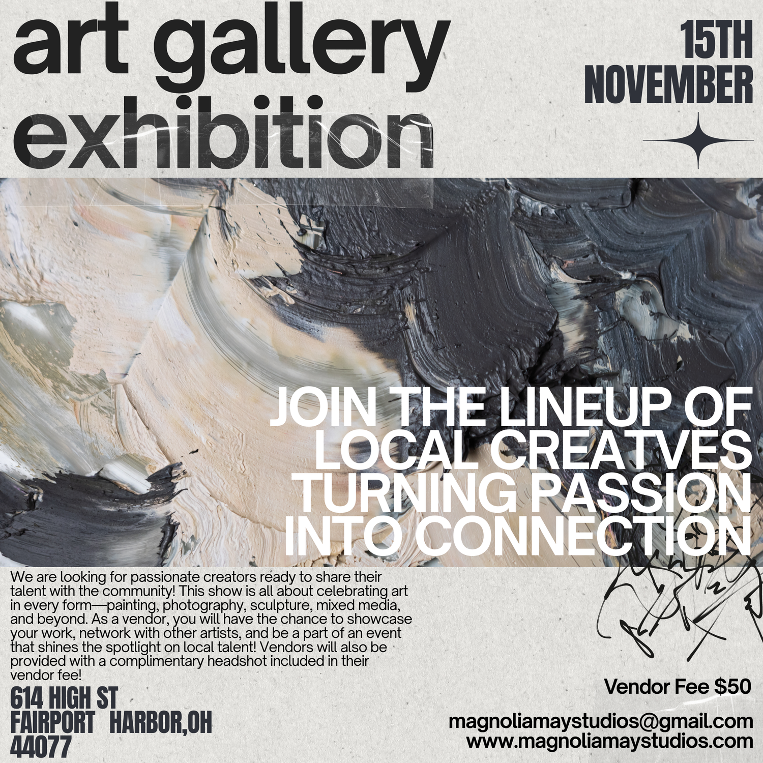 Art gallery exhibition poster with textured black and white paint strokes advertising local creatives event on November 15th.