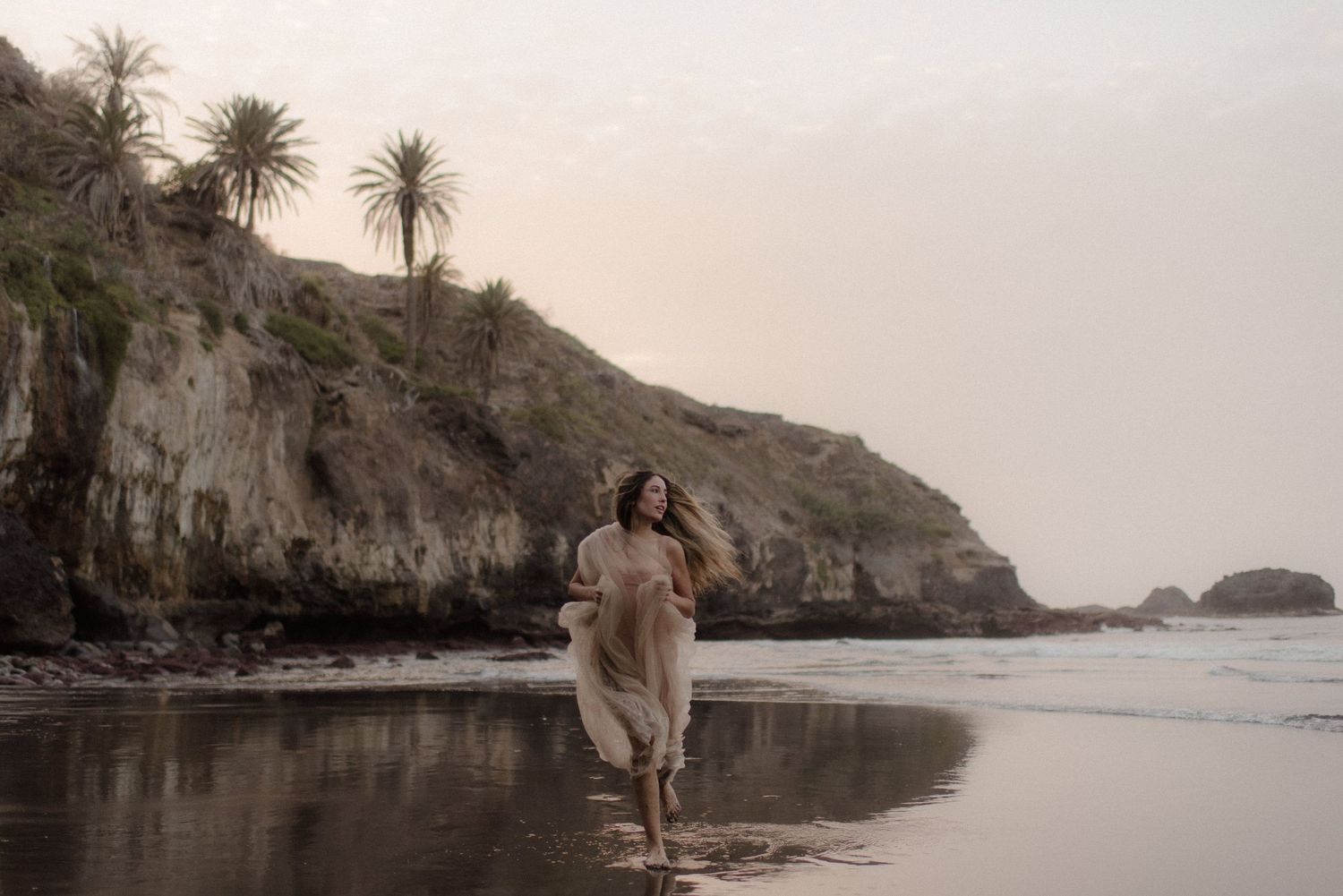 A scenic coastal view with rocky cliffs and palm trees along a tranquil beach at sunset.