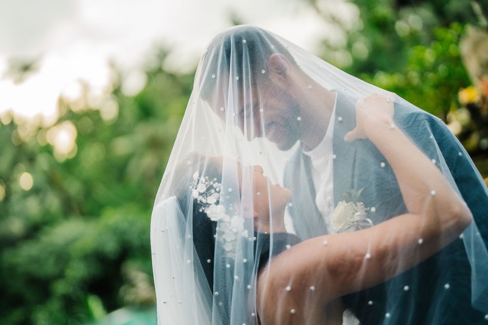 Ethereal wedding photos through delicate veil with natural outdoor backdrop.