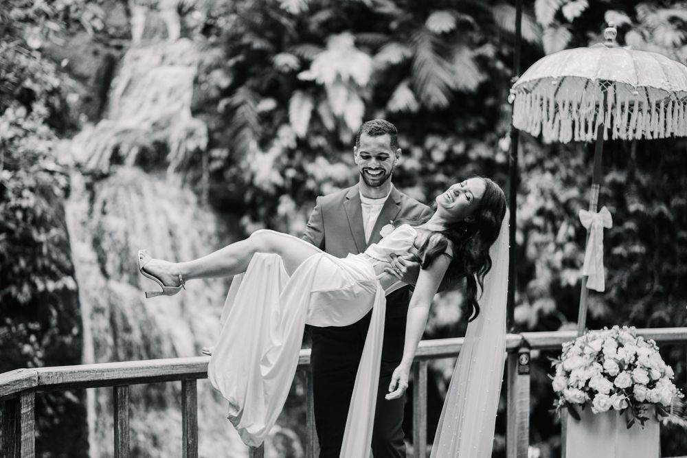 Black and white sequence of romantic wedding moments with natural decor.