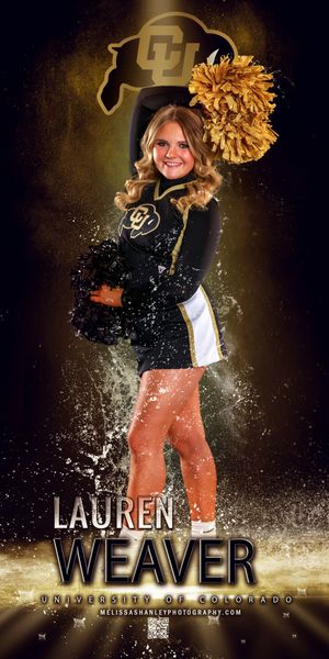 University of Colorado cheerleader in black and gold uniform with pom-pom poses for dynamic athletic photo with sparkle effects.