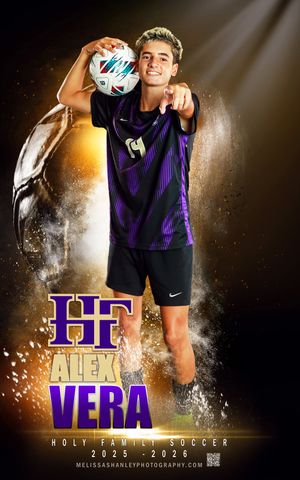 Soccer player in purple and black uniform performs dynamic kick move against dramatic dark background with explosive effects.