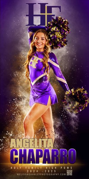 High school cheerleader in sparkly purple uniform with gold accents poses with pom poms against dramatic purple background.