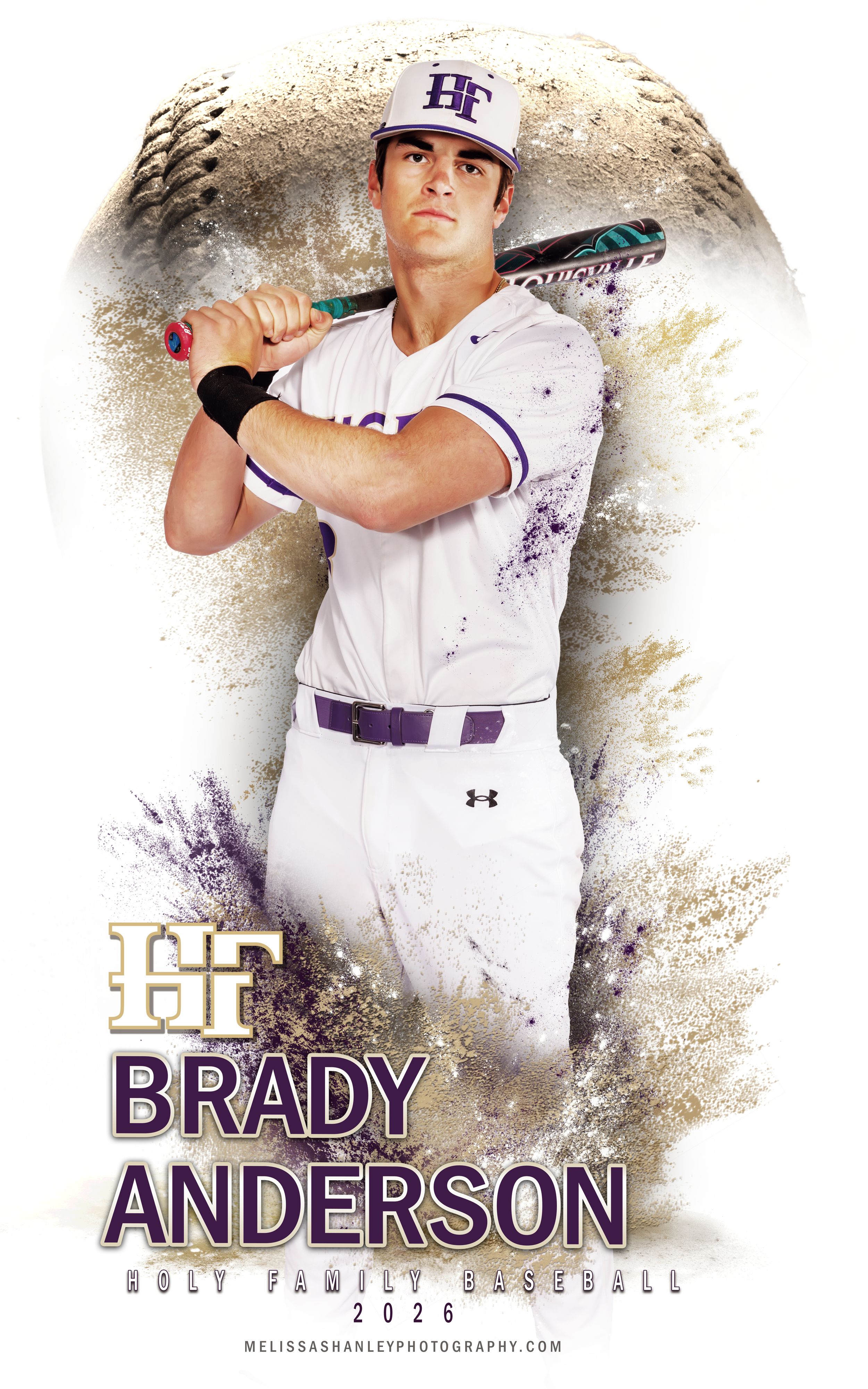 High school baseball player composite featuring three action poses in white and purple uniforms against artistic background.