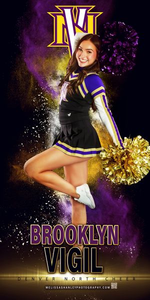 Cheerleader in purple and gold uniform performs energetic dance poses against dramatic dark background with glowing effects.