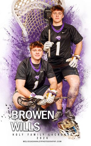 Sports team photo collage with purple splatter effects and text overlays showing lacrosse players in black uniforms.