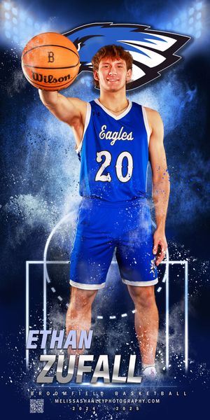 High school athlete poses with basketball in stylized blue and white digital sports portrait series with dramatic lighting.